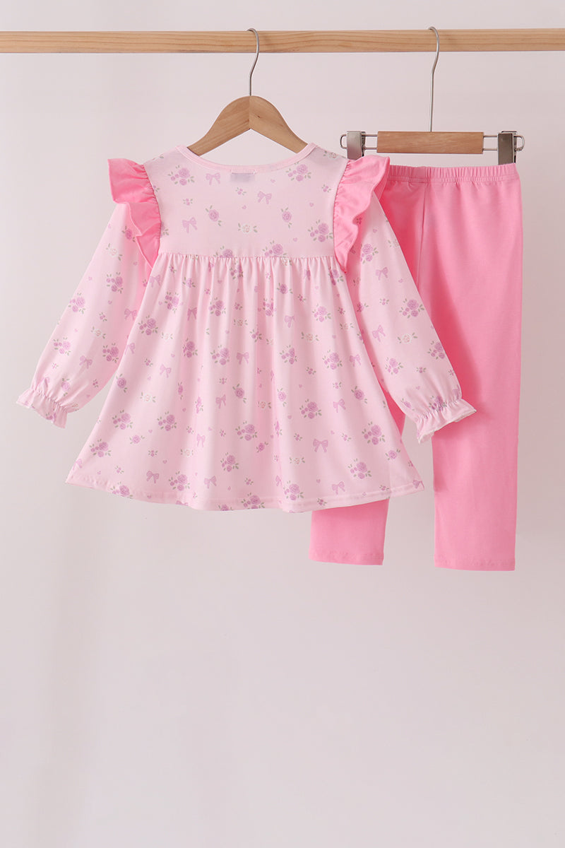 Pink floral bow ruffle pants set