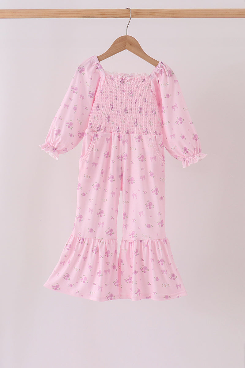 Pink Floral Bow Smocked Jumpsuit