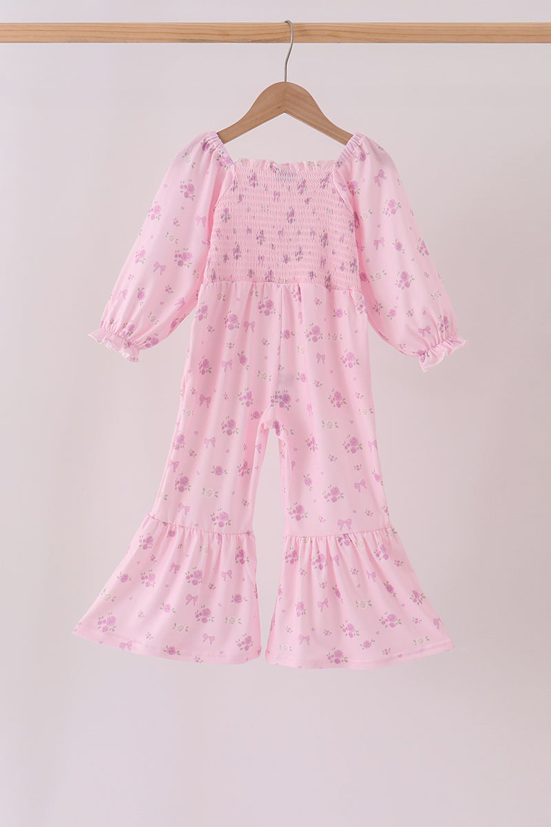 Pink Floral Bow Smocked Jumpsuit
