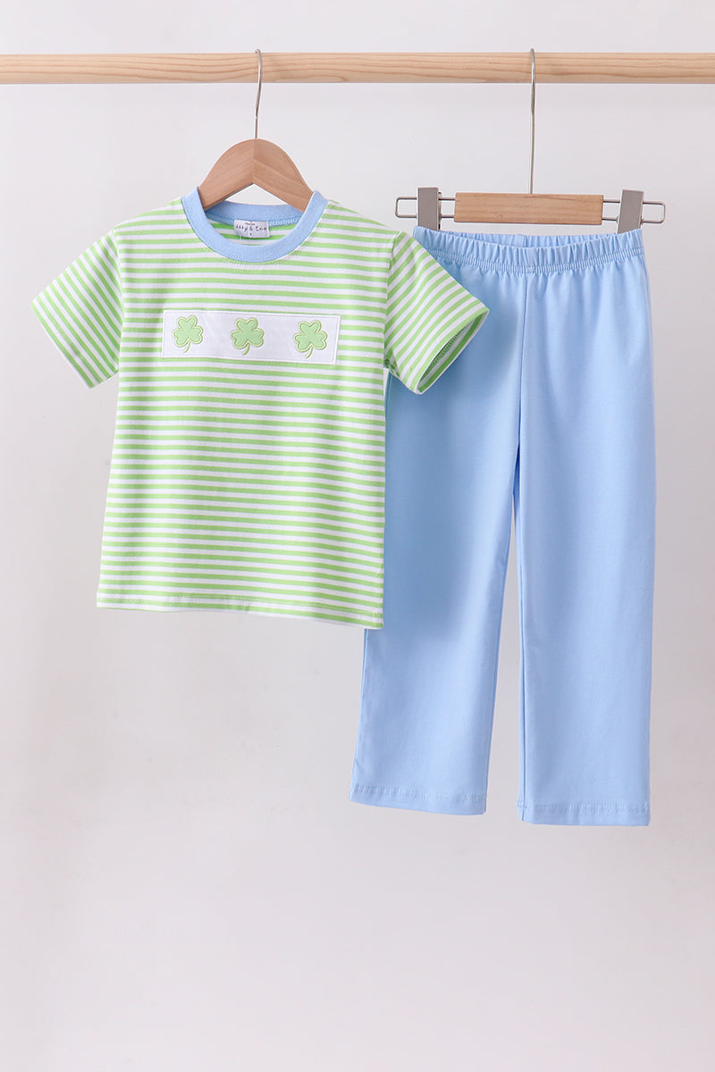 Green clover embroidery stripe pants set