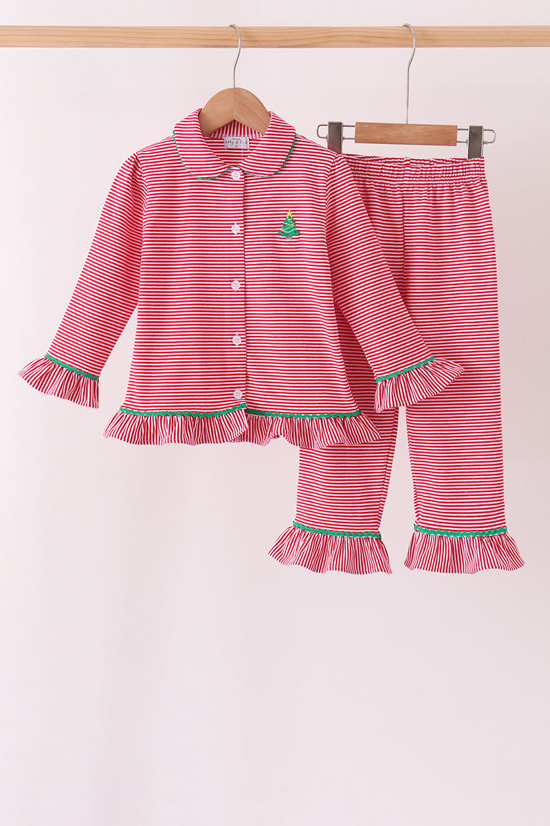 Red stripe christmas tree embroidery ruffle pants set