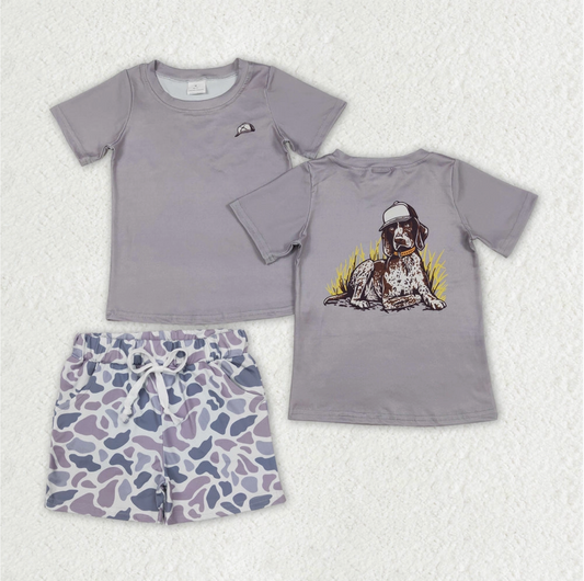 *Pre-Order: Baby Boys Grey Dogs Hunting Shirt Camouflage Shorts Clothes Sets