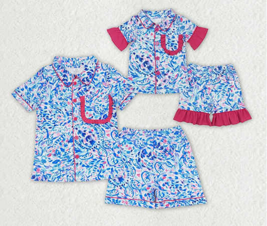 *Pre-Order: Mommy and Me Water Paisley Ruffle Shirt Shorts Pajamas Clothes Sets