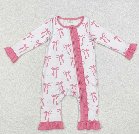 *Pre-Order: Infant Girls Pink Bows Ruffle Bamboo Zip Rompers