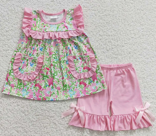 *Pre-Order: Girls Pink Green Flowers Clothes Sets