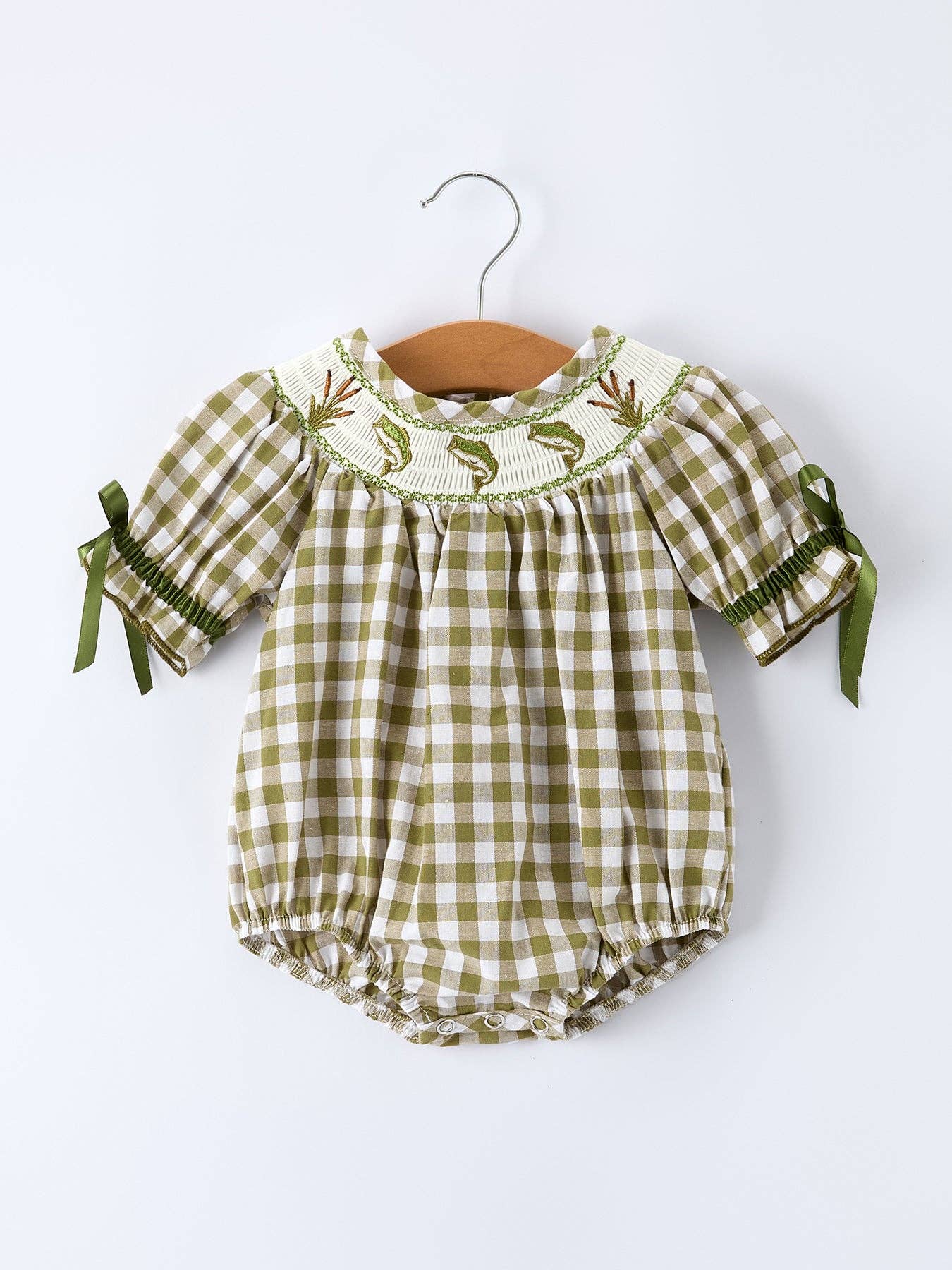 Green Plaid Fish Embroidered Baby Girls Smocked Romper