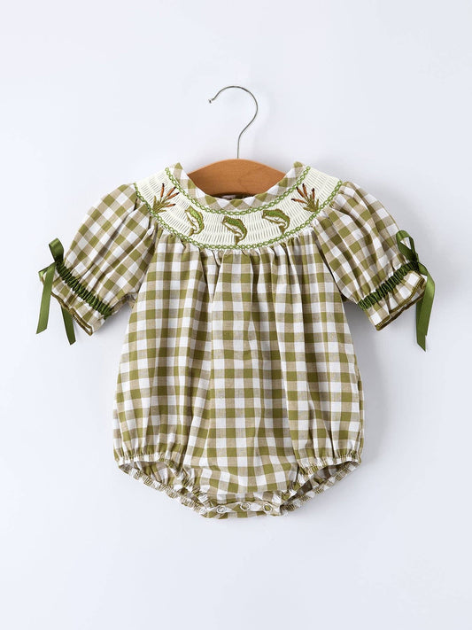 Green Plaid Fish Embroidered Baby Girls Smocked Romper