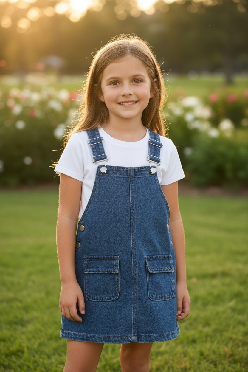 Dark blue denim overalls with front pockets