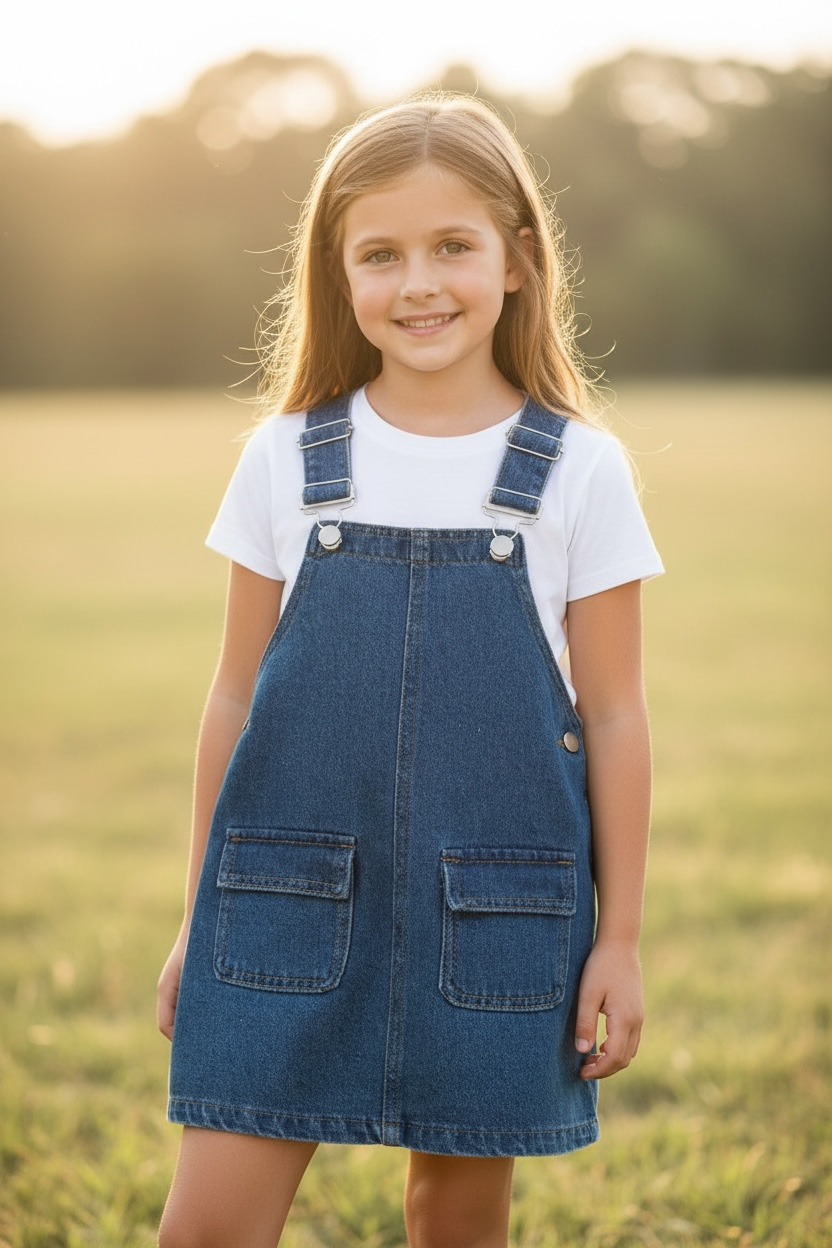 Dark blue denim overalls with front pockets